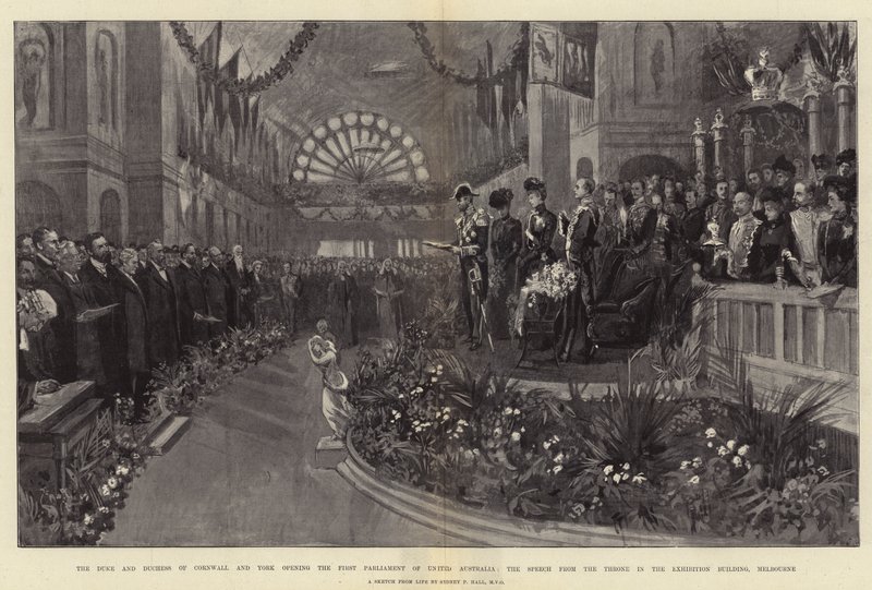 De Hertog en Hertogin van Cornwall en York openen het Eerste Parlement van Verenigd Australië, de Troonrede in het Tentoonstellingsgebouw, Melbourne door Sydney Prior Hall