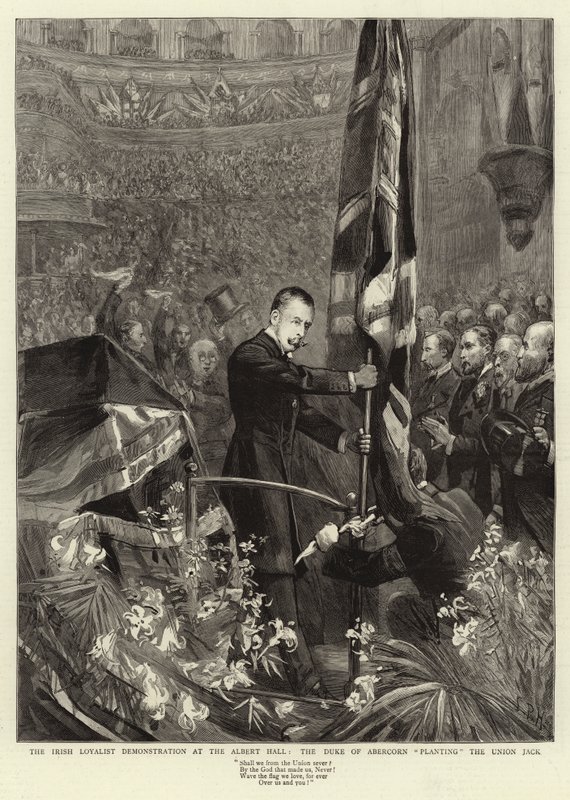 De Ierse Loyalistische Demonstratie in de Albert Hall, de Hertog van Abercorn die de Union Jack plant door Sydney Prior Hall