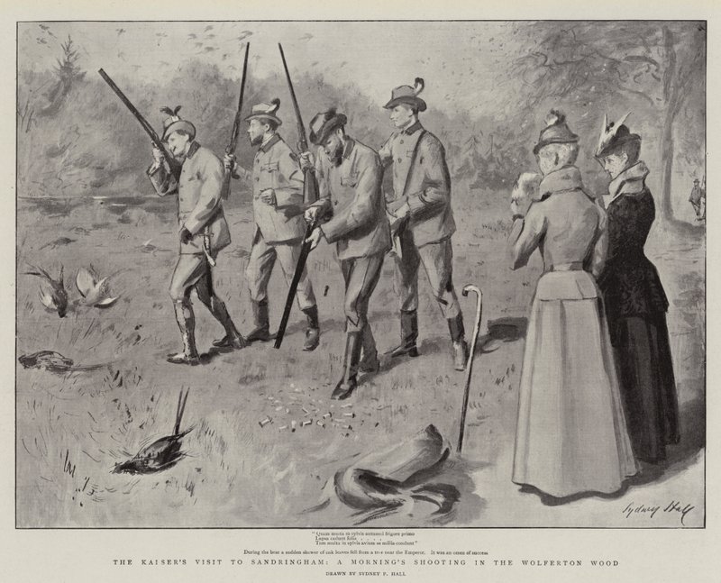 Het bezoek van de Kaiser aan Sandringham, een ochtendjacht in het Wolferton Wood door Sydney Prior Hall