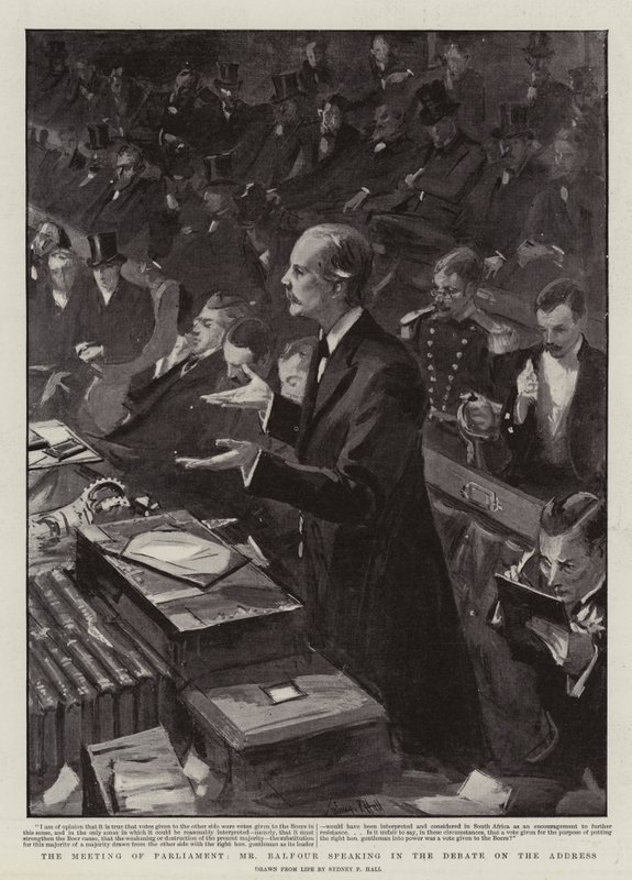 De Vergadering van het Parlement, de heer Balfour spreekt in het Debat over het Adres door Sydney Prior Hall