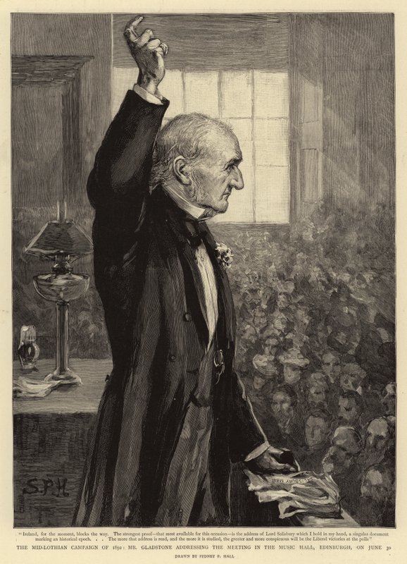 De Mid-Lothian Campagne van 1892, Mr Gladstone spreekt de Vergadering toe in de Muziekhal, Edinburgh, op 30 juni door Sydney Prior Hall