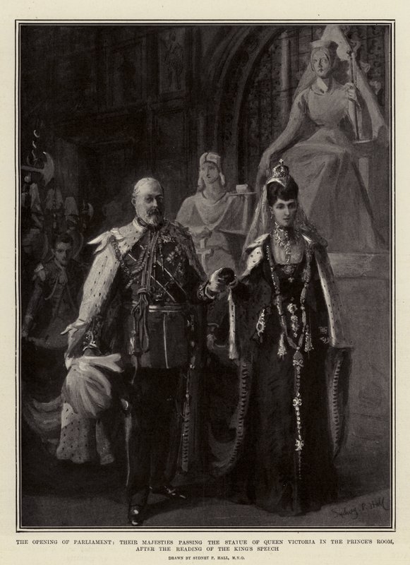 De opening van het parlement, hun Majesteiten passeren het standbeeld van Koningin Victoria in de Prinsenkamer, na het voorlezen van de troonrede door Sydney Prior Hall