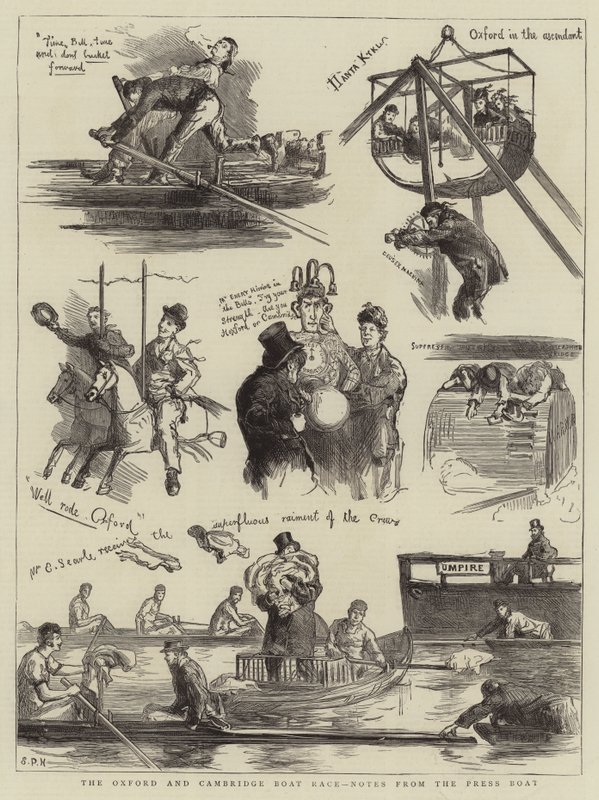 De Oxford en Cambridge Bootrace, notities van de persboot door Sydney Prior Hall
