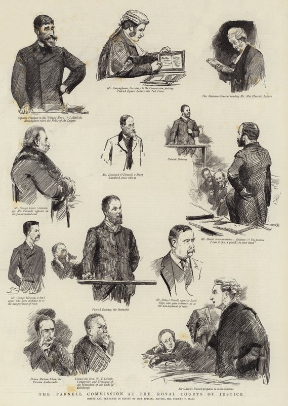 De Parnell-commissie bij de Royal Courts of Justice door Sydney Prior Hall