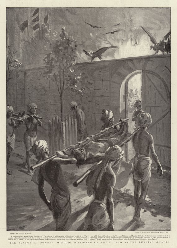 De pest in Bombay, hindoes die hun doden afvoeren bij de brandstapels door Sydney Prior Hall