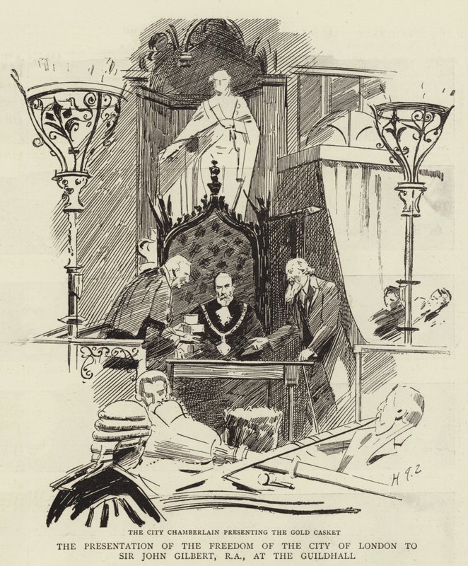 De Overhandiging van de Vrijheid van de Stad Londen aan Sir John Gilbert, RA, in de Guildhall door Sydney Prior Hall