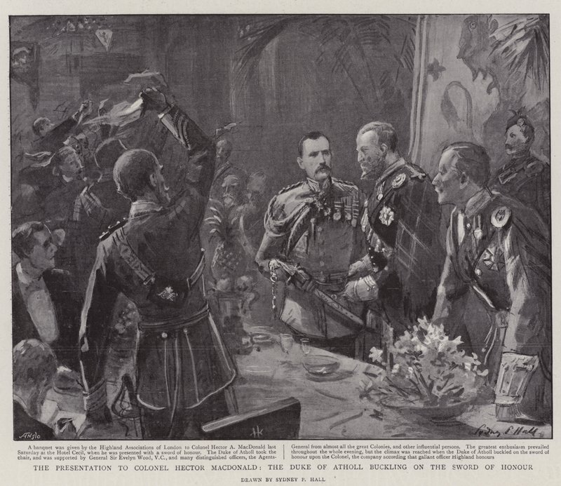 De presentatie aan kolonel Hector MacDonald, de hertog van Atholl die het Ere-zwaard vastmaakt door Sydney Prior Hall