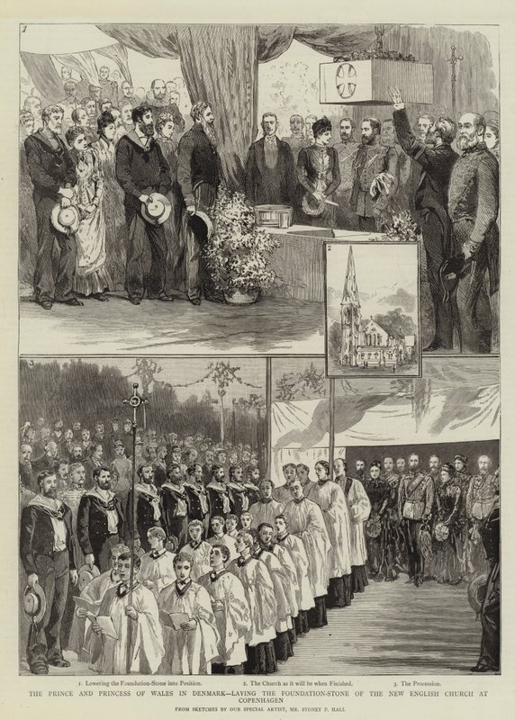 De Prins en Prinses van Wales in Denemarken, leggen de Eerste Steen van de Nieuwe Engelse Kerk in Kopenhagen door Sydney Prior Hall