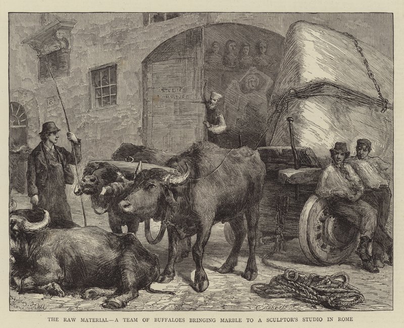 De grondstof, een team van buffels brengt marmer naar een beeldhouwersatelier in Rome door Sydney Prior Hall