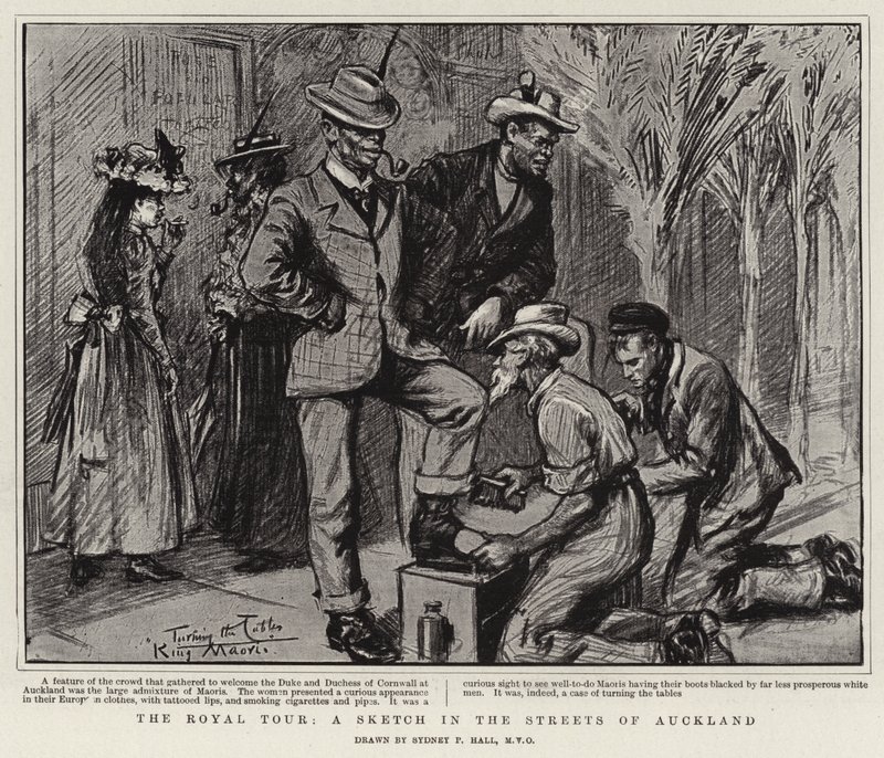 De koninklijke tour, een schets in de straten van Auckland door Sydney Prior Hall