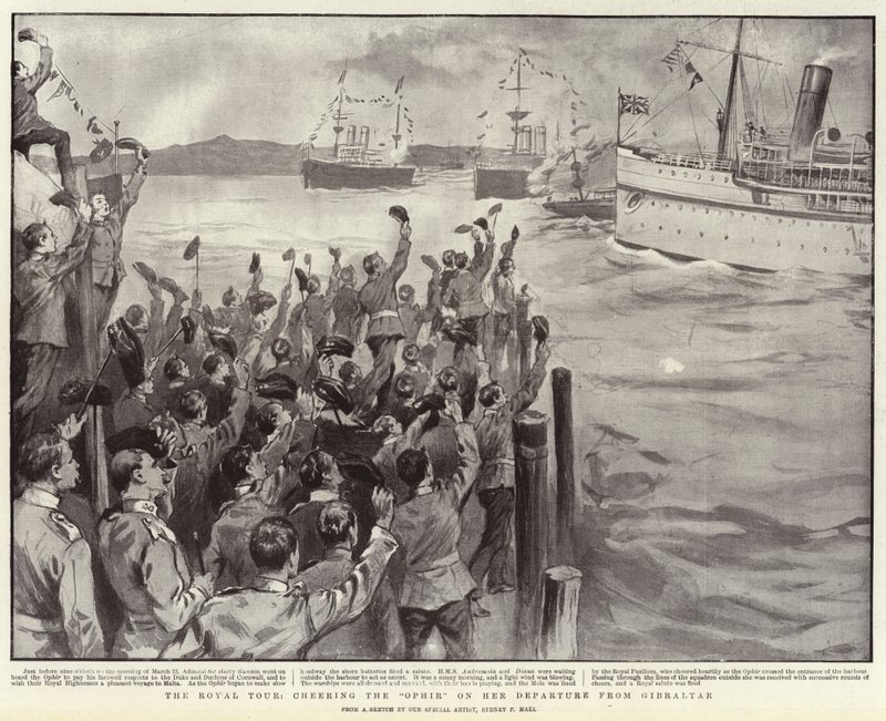 De Koninklijke Tour, juichend de Ophir bij haar Vertrek uit Gibraltar door Sydney Prior Hall