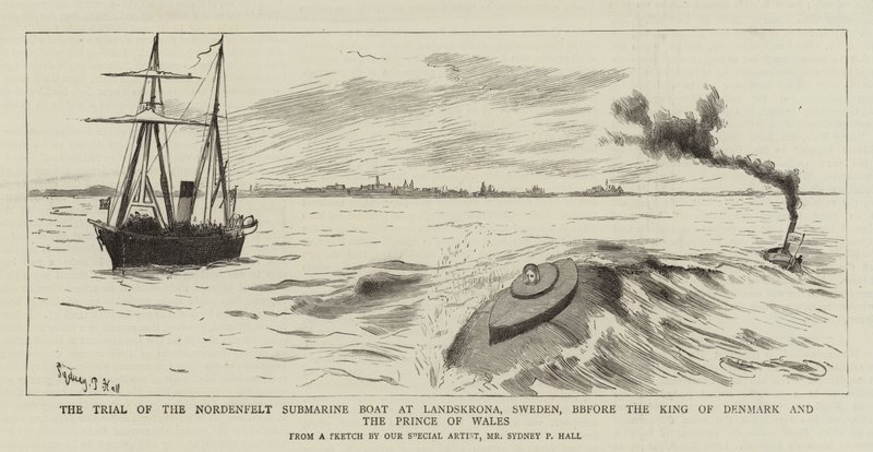 Het proces van de Nordenfelt-onderzeeboot in Landskrona, Zweden, voor de koning van Denemarken en de prins van Wales door Sydney Prior Hall