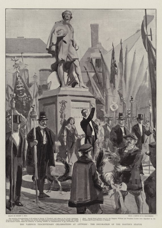 De Vandyck Tercentenary Vieringen in Antwerpen, de Decoratie van het Standbeeld van de Meester door Sydney Prior Hall