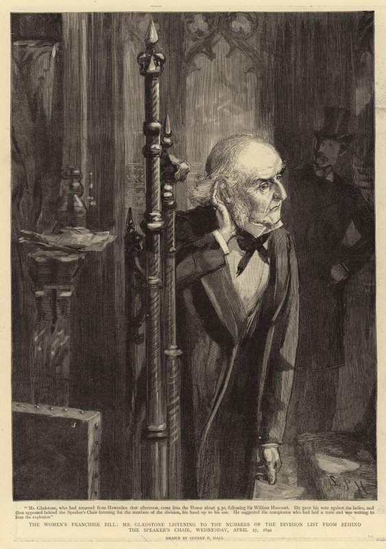 Het Vrouwenkiesrecht Wetsvoorstel, Mr. Gladstone luistert naar de Aantallen van de Stemlijst vanachter de Stoel van de Spreker, woensdag 27 april 1892 door Sydney Prior Hall