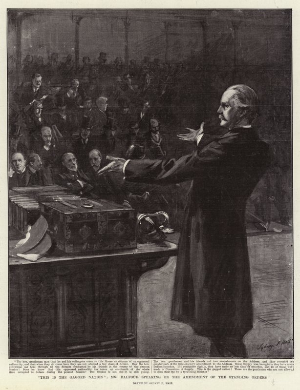 Dit is de Geknevelde Natie, Mr Balfour spreekt over de wijziging van de staande orders door Sydney Prior Hall