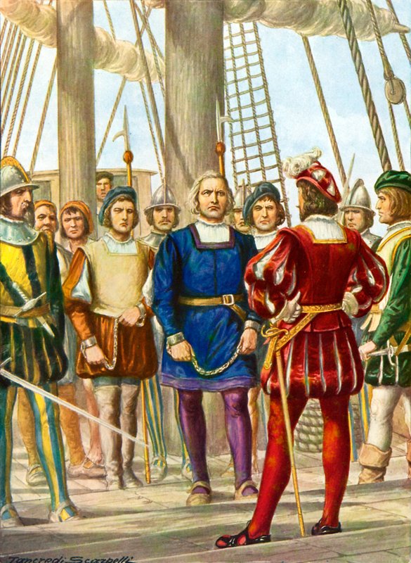 Cristoffel Columbus en zijn broers Bartolomeo en Diego worden gevangengenomen op een schip dat hen naar Spanje zal brengen door Tancredi Scarpelli