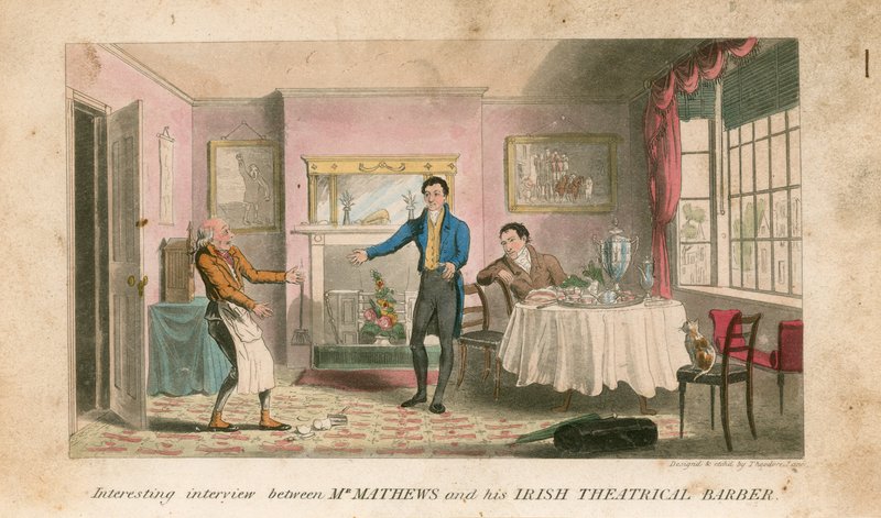 Een interessant interview tussen de heer Charles Matthews en zijn Ierse theatrale kapper door Theodore Lane