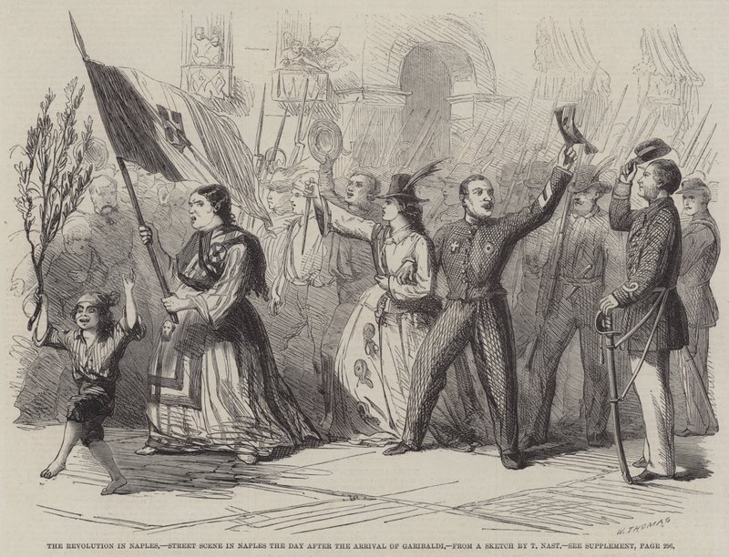 De revolutie in Napels, Straatscène in Napels de dag na de aankomst van Garibaldi door Thomas Nast