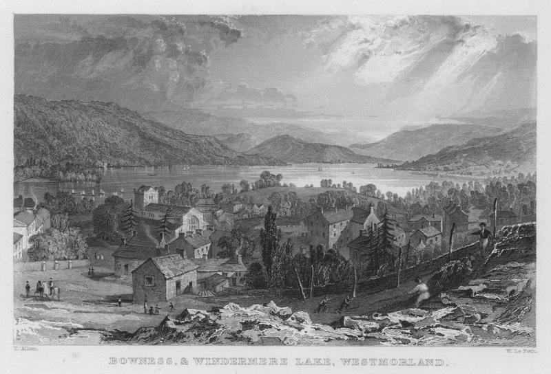 Bowness en Windermere Meer, Westmorland door Thomas (after) Allom