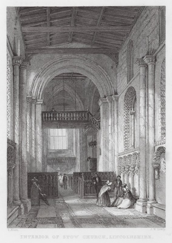Interieur van Stow Church, Lincolnshire (gravure) door Thomas (after) Allom
