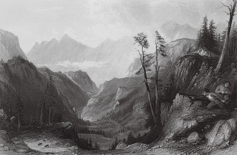 De Col de Tortes, jacht op de Izoid (gravure) door Thomas (after) Allom