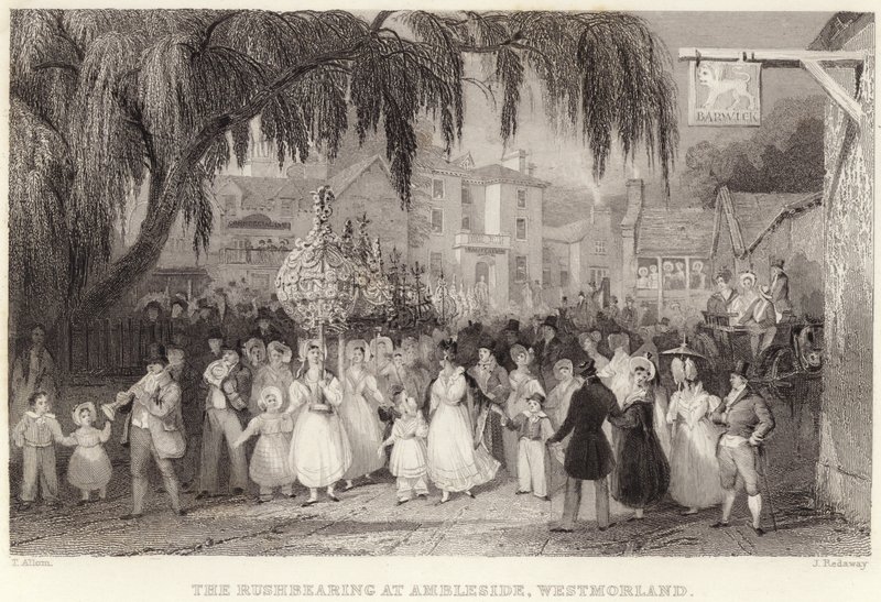 Het Rushbearing in Ambleside, Westmorland (gravure) door Thomas (after) Allom