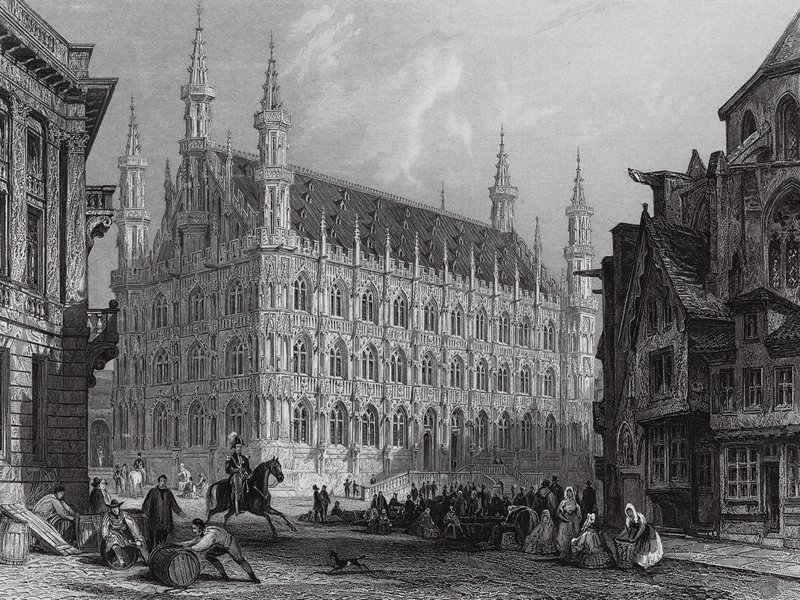 Stadhuis van Leuven, met een deel van de kathedraal (gravure) door Thomas (after) Allom