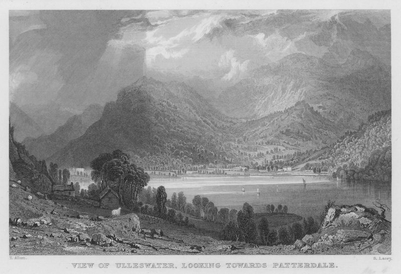 Uitzicht op Ulleswater, richting Patterdale (gravure) door Thomas (after) Allom