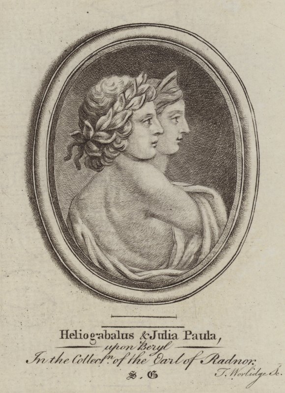 Heliogabalus, Romeinse keizer, en keizerin Julia Paula (gravure) door Thomas (after) Worlidge