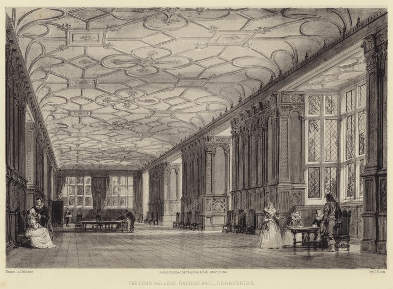 De lange galerij, Haddon Hall, Derbyshire door Thomas Allom