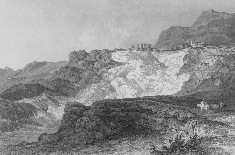De Ruïnes van Hierapolis, nu genaamd Pambouk Kaleh, op weg van Laodicea door Thomas Allom