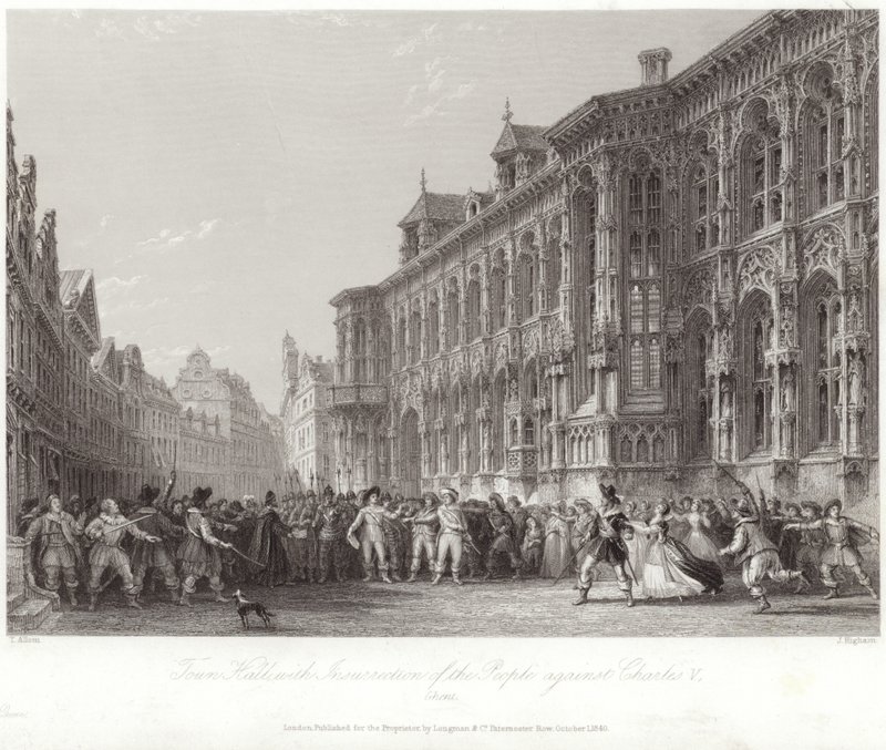 Stadhuis met opstand van het volk tegen Karel V door Thomas Allom