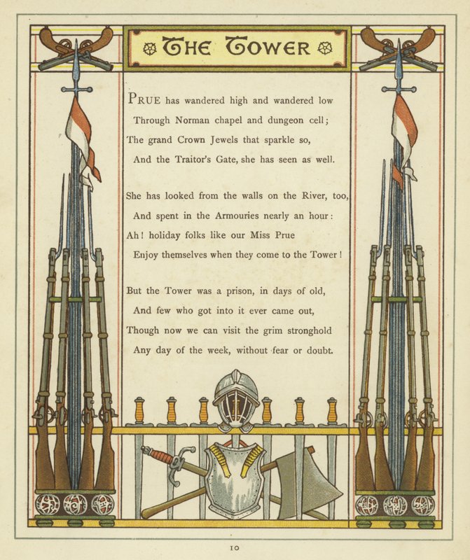 Vers over de Tower of London met afbeeldingen van harnassen en wapens door Thomas Crane