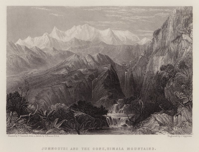 Jumnoutri en de Kegel, Himala-gebergte (kleur litho) door Thomas Creswick