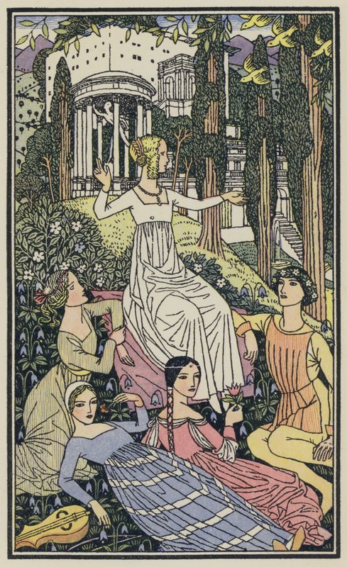 Illustratie voor De Decameron van Boccaccio (kleurenlitho) door Thomas Derrick