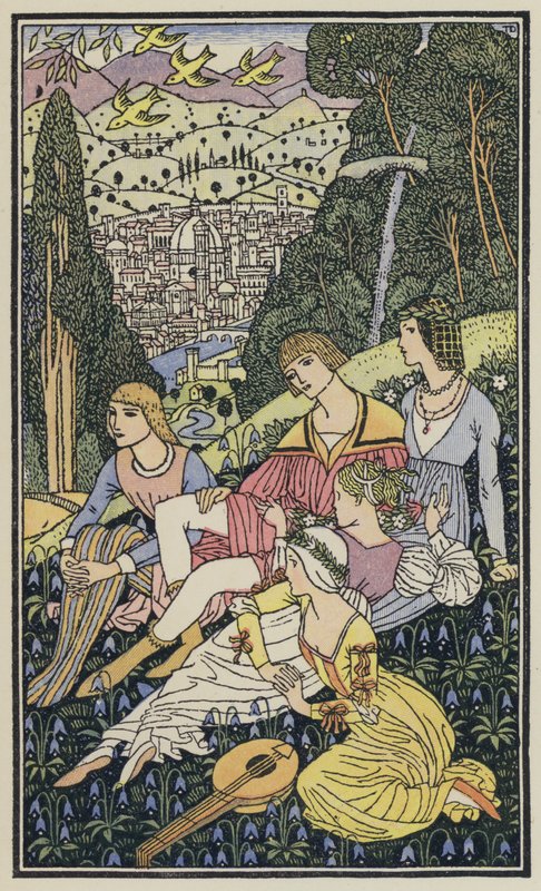 Illustratie voor De Decameron van Boccaccio (kleurenlitho) door Thomas Derrick