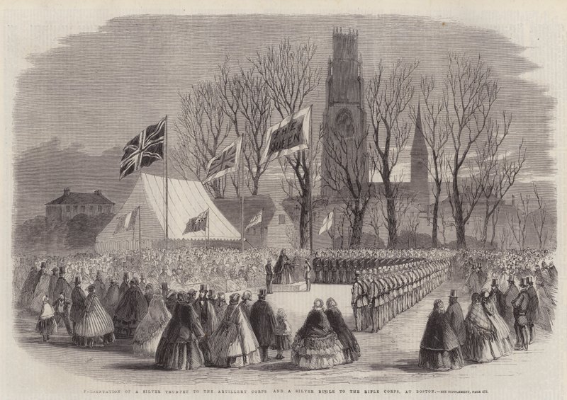 Overhandiging van een zilveren trompet aan het artilleriekorps en een zilveren bugel aan het geweerkorps, in Boston door Thomas Harrington Wilson