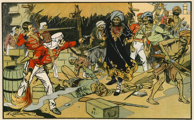 Vernietiging van het tijdschrift in Delhi (kleurenlitho) door Thomas Heath Robinson