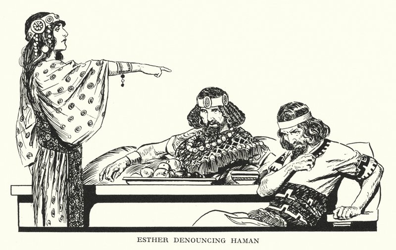 Esther die Haman aanklaagt (litho) door Thomas Heath Robinson