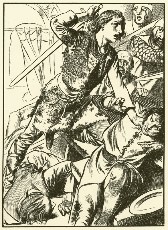 Hereward en zijn mannen vallen de Noormannen aan (gravure) door Thomas Heath Robinson