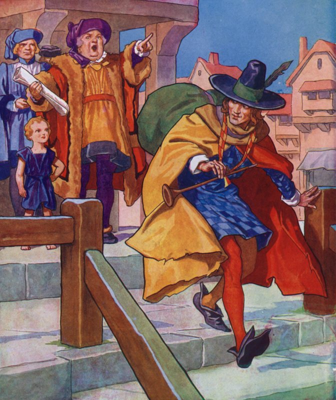 Illustratie voor De rattenvanger van Hamelen (kleurenlitho) door Thomas Heath Robinson