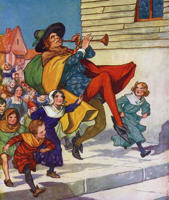 Illustratie voor De rattenvanger van Hamelen (kleurenlitho) door Thomas Heath Robinson