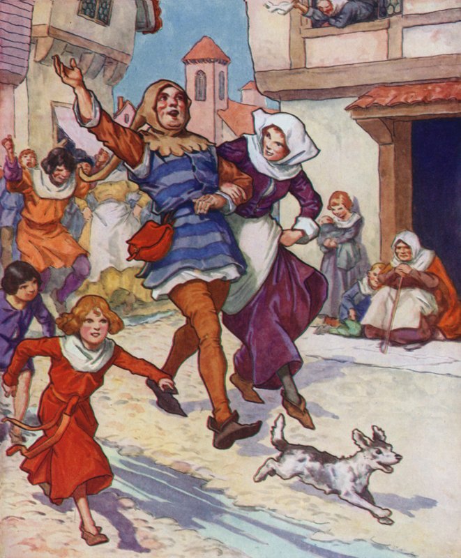 Illustratie voor De rattenvanger van Hamelen (kleurenlitho) door Thomas Heath Robinson