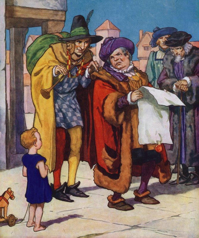 Illustratie voor De rattenvanger van Hamelen (kleurenlitho) door Thomas Heath Robinson