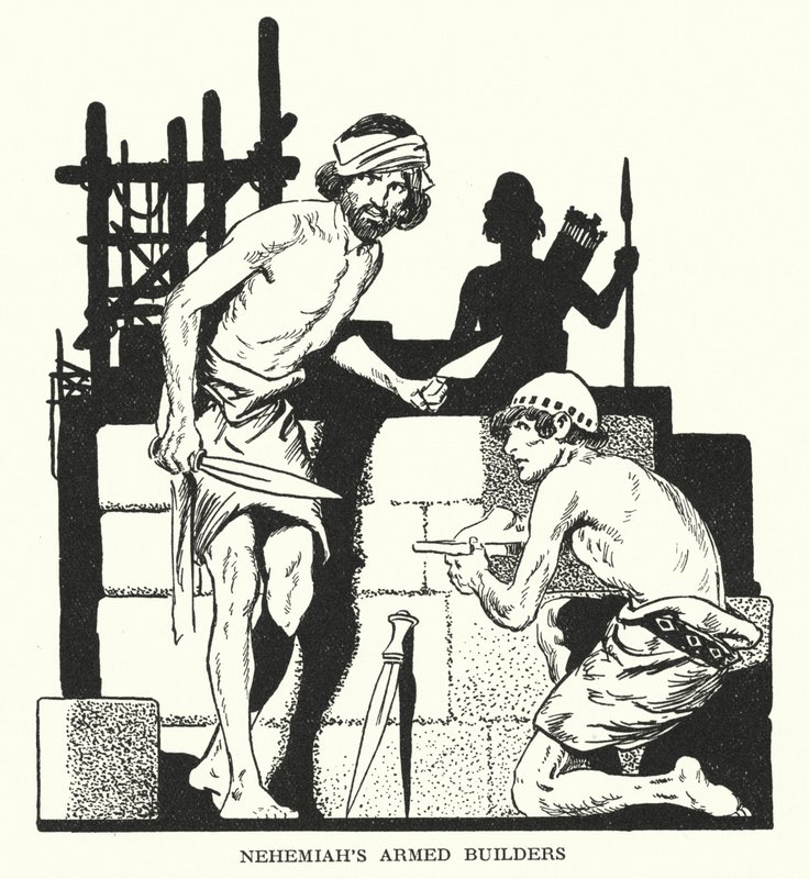 De gewapende bouwers van Nehemia (litho) door Thomas Heath Robinson
