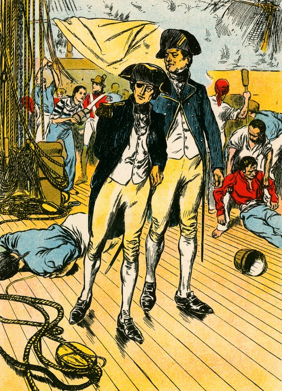 Nelson op de "Victory" bij Trafalgar (kleurenlitho) door Thomas Heath Robinson