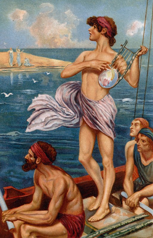 Orpheus tilde zijn harp op en sloeg zijn sluwe hand over de snaren (chromolitho) door Thomas Heath Robinson