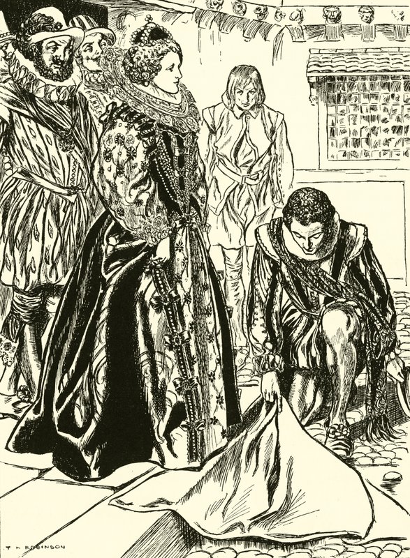 Raleigh spreidt zijn mantel uit voor Elizabeth (gravure) door Thomas Heath Robinson