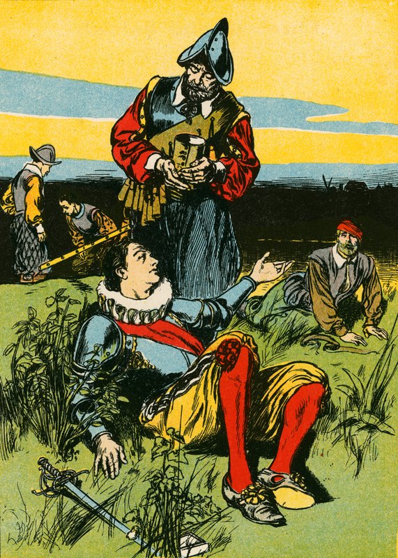 Sir Philip Sidney en de stervende soldaat (kleurenlitho) door Thomas Heath Robinson