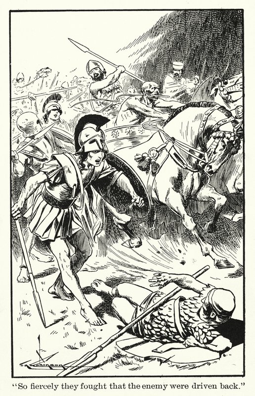 "Ze vochten zo hevig dat de vijand werd teruggedreven" (litho) door Thomas Heath Robinson
